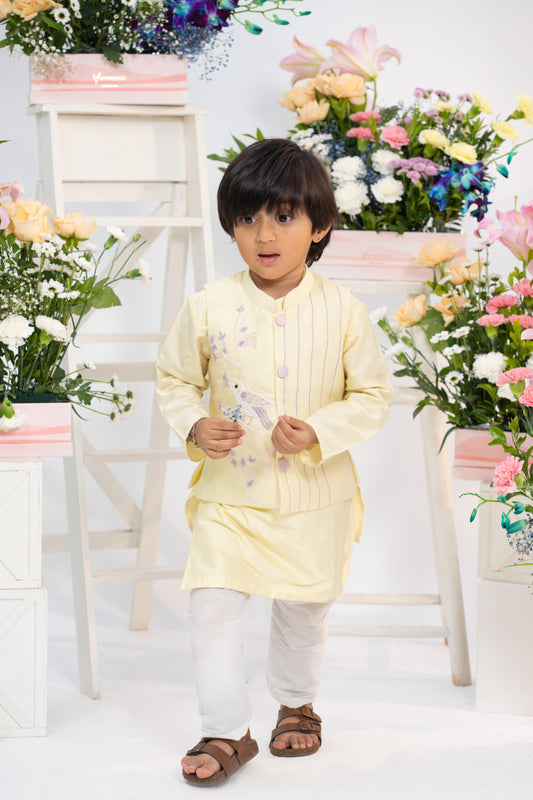 Pastel Lemon Embroidered Kurta Set – Subtle Festive Elegance for Little Royals