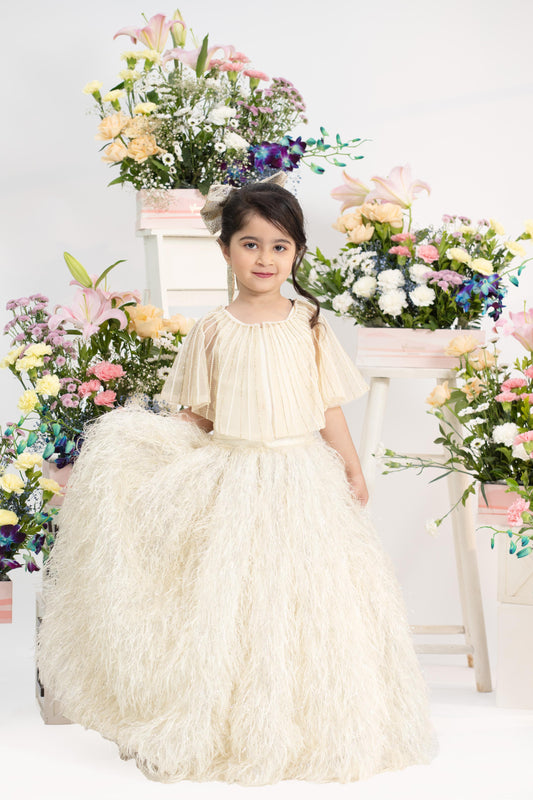 Luxury Pleated Shimmer Top With Dramatic Feathered Skirt In Elegant Ivory Couture Style