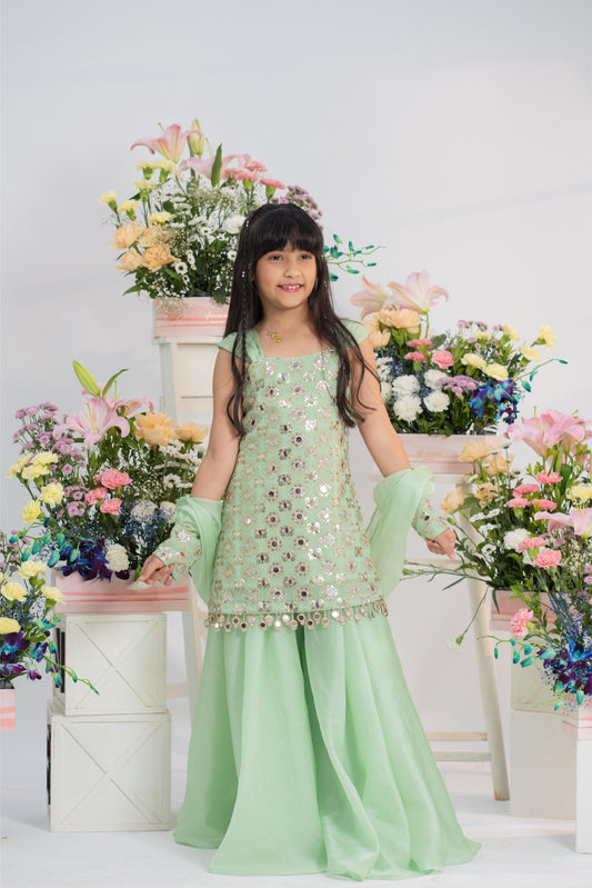 Gorgeous Mirror Embroidered Mint Kurti With Flared Sharara And Sheer Organza Dupatta