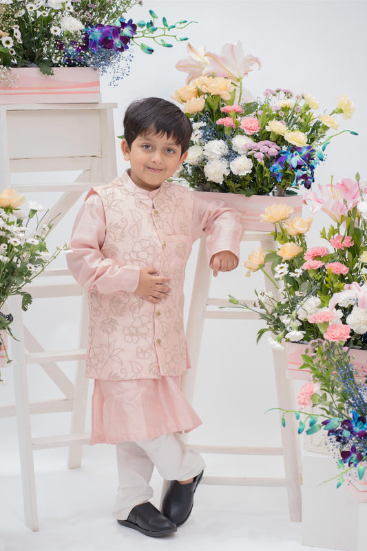 Blush Pink Embroidered Kurta Jacket Set – Elegant Festive Style for Little Gentlemen