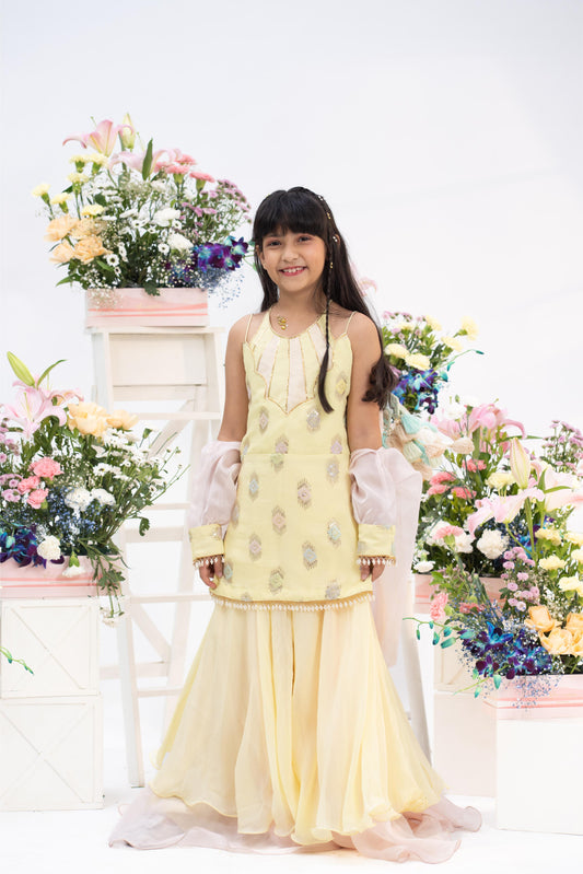 Pastel Yellow Kurti With Flowy Sharara, Blush Organza Dupatta And Statement Back Latkan Detail