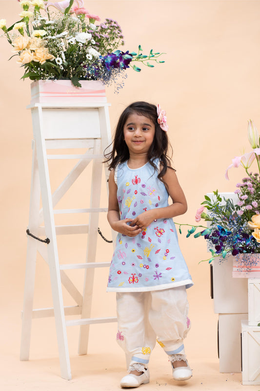 Sky Blue Embroidered Kurti With white Dhoti Pants Set