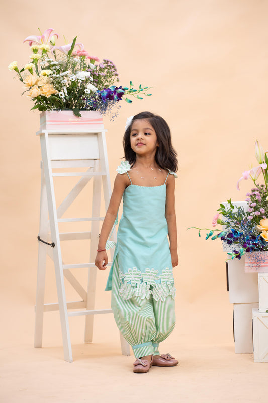 Mint Green Lace Kurti With Striped Dhoti Set