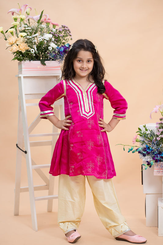 Fuchsia Pink Embroidered Kurti With Pastel Yellow Farsi Salwar Set