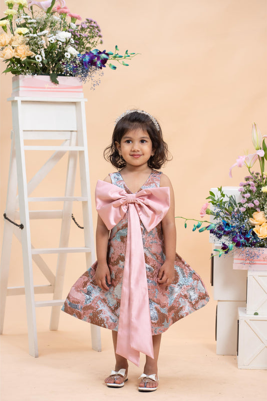 Blush Jacquard Party Dress with Statement Satin Bow