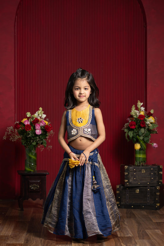 Mustard Crop Top With Handworked Jacket And Navy Panelled Flared Lehenga Set