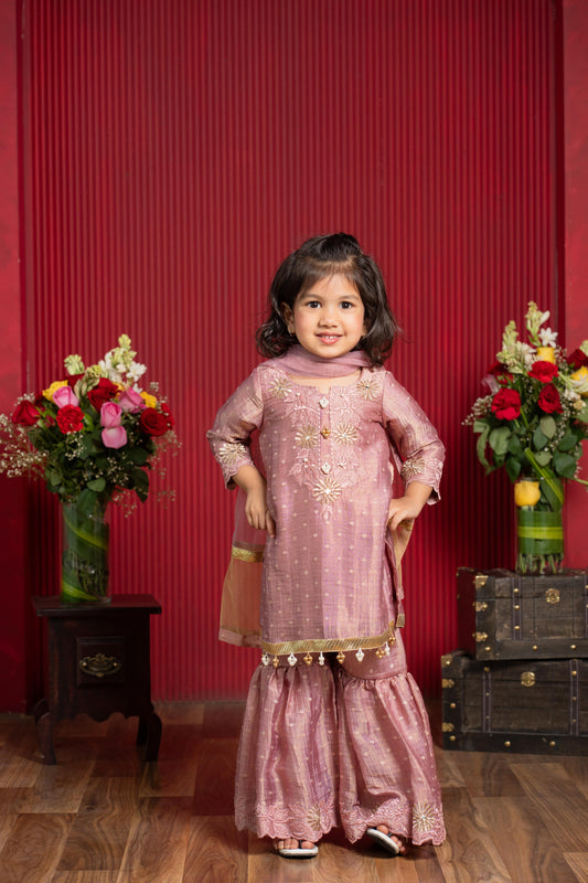 Dusty Rose Embroidered Kurti With Matching Sharara And Sheer Dupatta Set