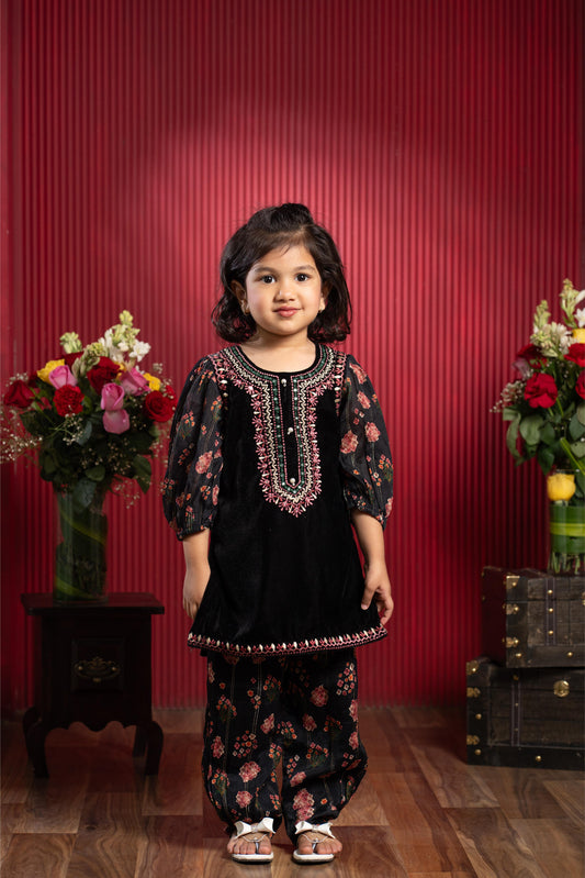 Velvet Kurti With Printed Pant