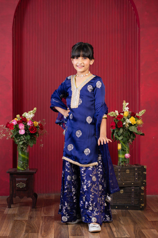 Beautiful Lace Adorned Kurti With Floral Palazzo And Dupatta