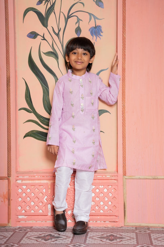Blush pink embroidered kurta with white churidar – a timeless festive essential for boys. - Kirti Agarwal