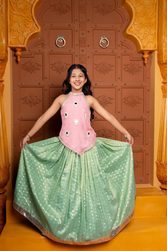 Charming silk and organza satin lehenga set for girls with pink mirror - work halter top and green woven flare skirt – perfect kids ethnic wear for weddings and festive occasions - Kirti Agarwal