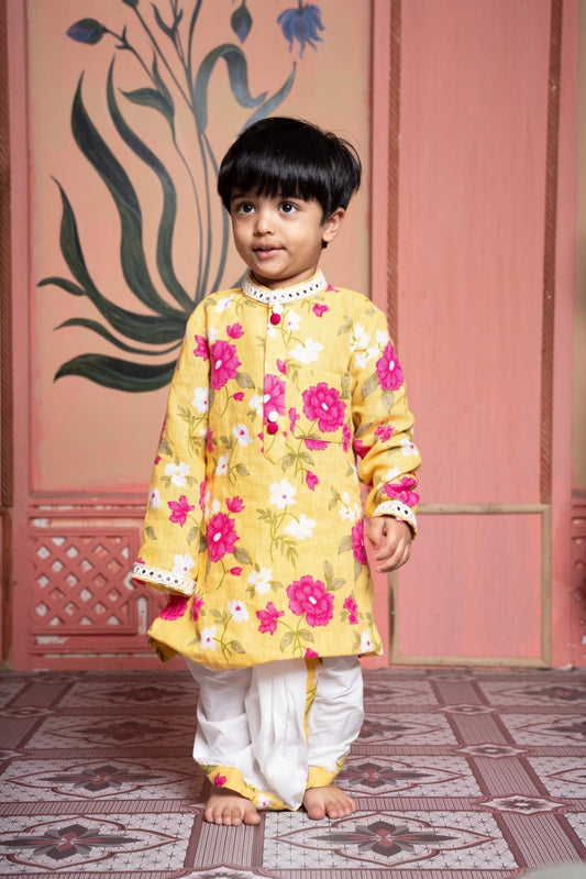 Charming yellow floral kurta with pre - stitched dhoti – a festive favorite for your little prince - Kirti Agarwal