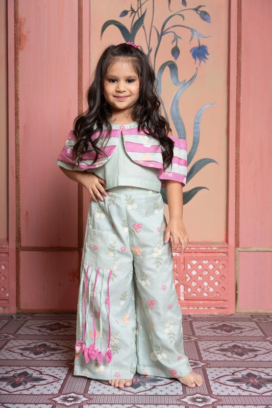 Chic mint green coord set with cape - style top and floral embroidered palazzos - Kirti Agarwal