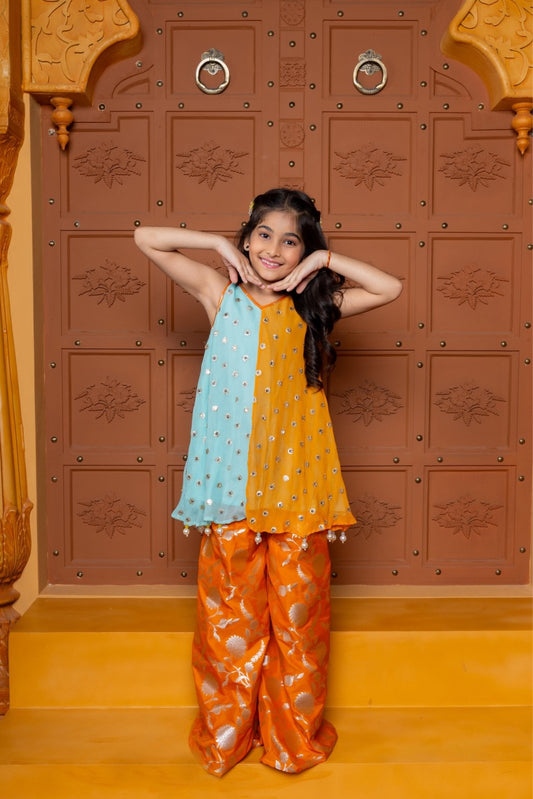 Dual - tone embroidered georgette kurta with brocade silk sharara – a perfect festive outfit for your little fashionista - Kirti Agarwal