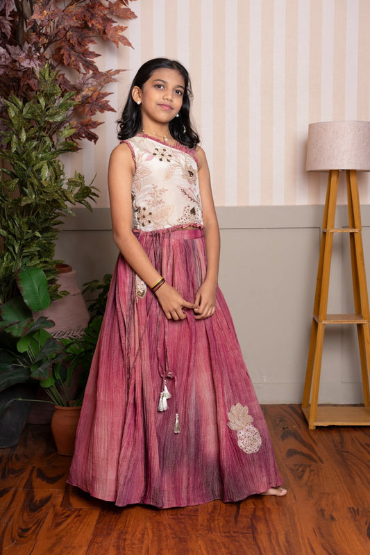 Elegant floral - embroidered top with ombre - dyed flared skirt — a graceful festive ensemble for your little one. - Kirti Agarwal