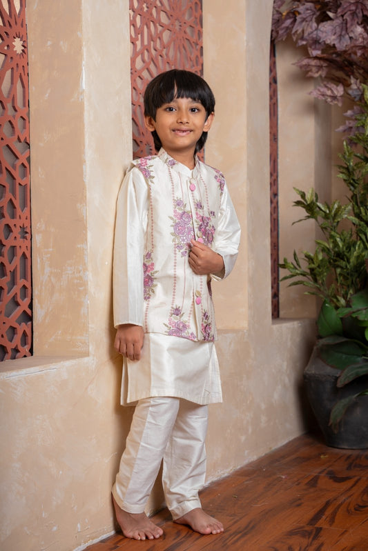 Elegant ivory kurta set with floral embroidered Nehru jacket – perfect for weddings and festive occasions. - Kirti Agarwal