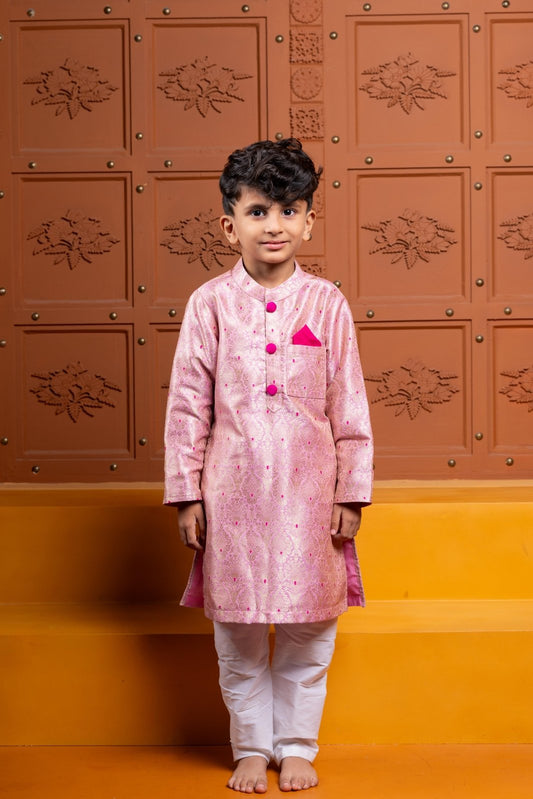 Elegant pink silk kurta with white churidar – a perfect traditional outfit for boys on festive and special occasions - Kirti Agarwal