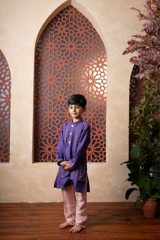 Elevate festive looks with this royal purple kurta and peach pant set for boys. - Kirti Agarwal