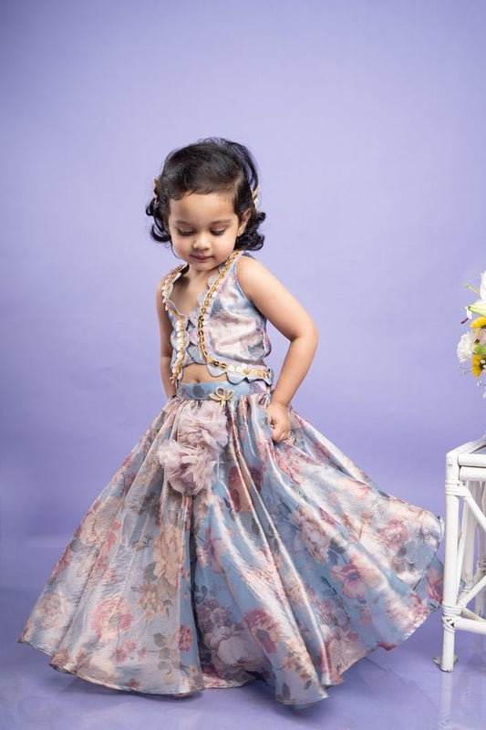 Enchanting pastel floral dress with gold sequin detailing and a flowy skirt, perfect for special occasions. - Kirti Agarwal
