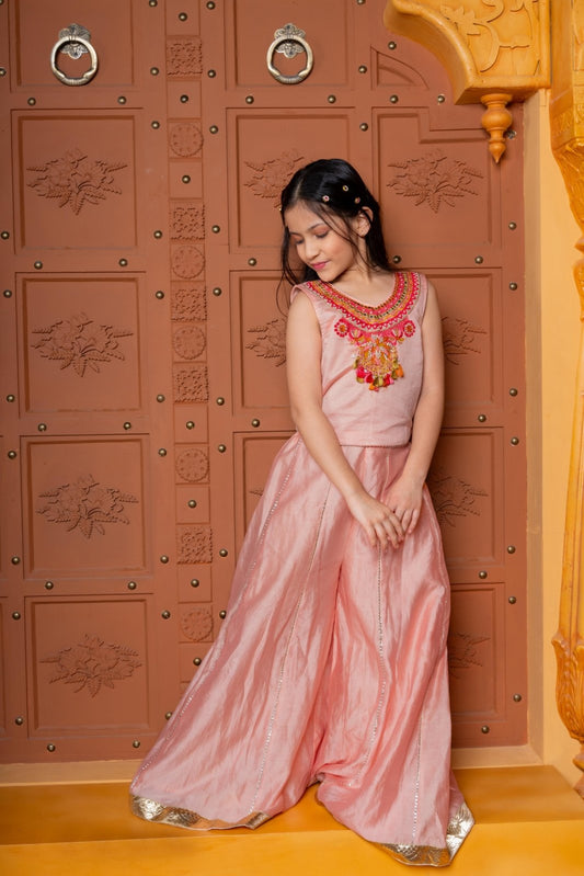 Faux Mirror Embellished Stylish Sleeveless Top With Palazzo And Potli Bag - Kirti Agarwal