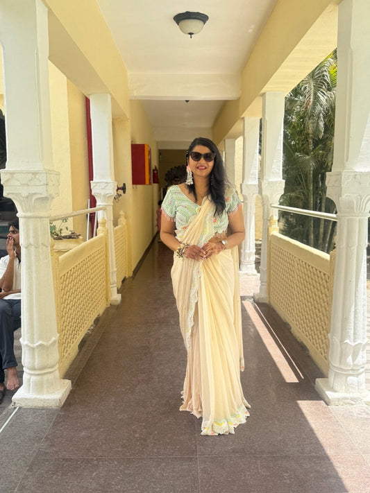 Ivory Georgette Saree with Multicolor Embroidered Blouse - Kirti Agarwal