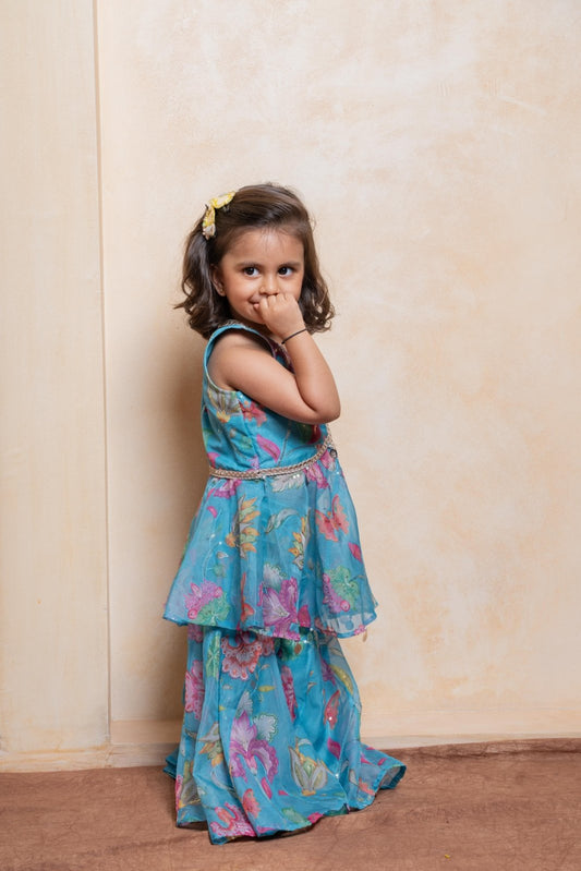Make festive moments magical with this aqua floral peplum top and skirt set for girls - Kirti Agarwal