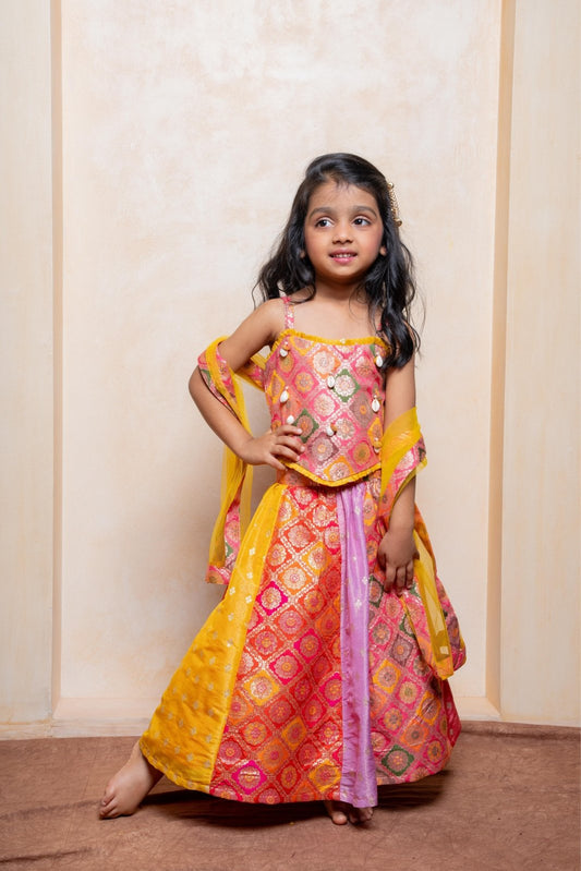 Multicolour Strappy Brocade Top With Panelled Lehenga And Dupatta - Kirti Agarwal