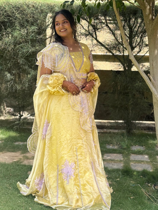 Pastel Yellow Crushed Organza Lehenga Set - Kirti Agarwal