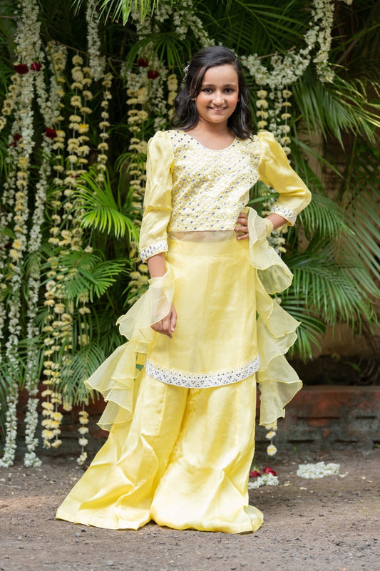 Pearl and Mirror work Kurta with Palazzo and Ruffle Dupatta - Kirti Agarwal