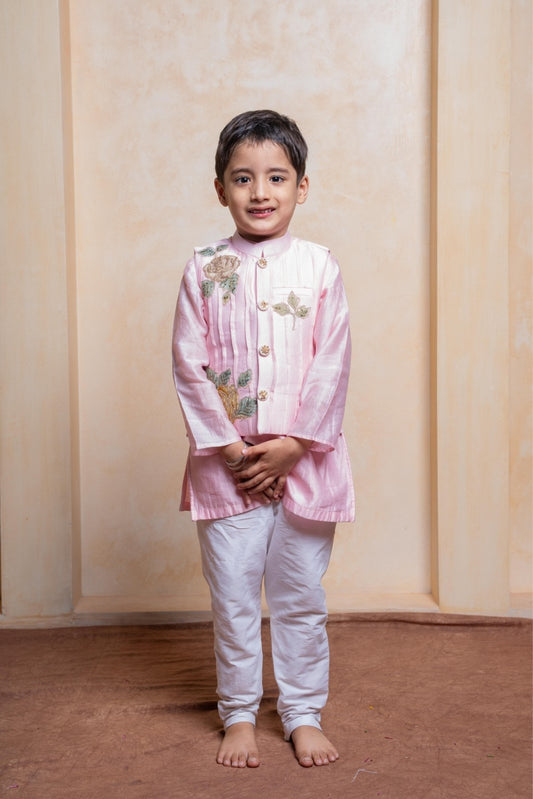 Pink Kurta With Floral Embroidered Jacket And Pyjama - Kirti Agarwal