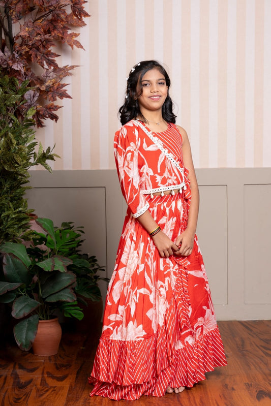 Red Stylish Printed Embellished Top And Flared Lehenga - Kirti Agarwal