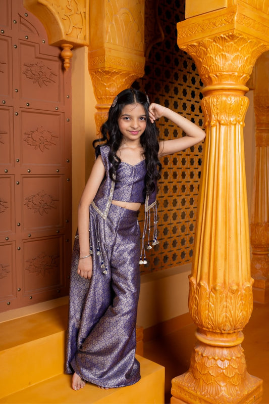 Regal 3 - piece brocade silk set with crop top, palazzo, and tassel jacket – perfect festive wear for your little princess - Kirti Agarwal