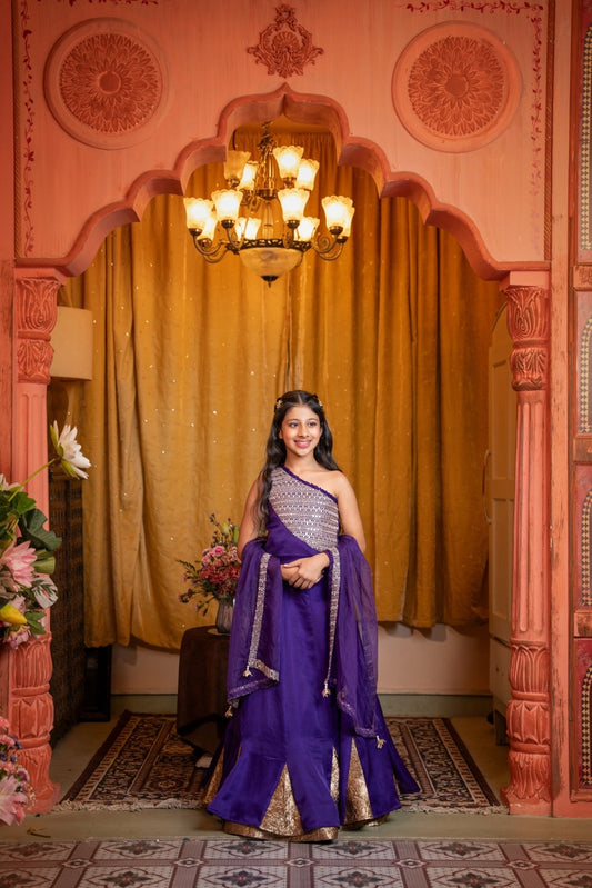 Regal One - Shoulder Purple Lehenga Set with Golden Brocade Panels – A Royal Statement for Every Festive Occasion! - Kirti Agarwal