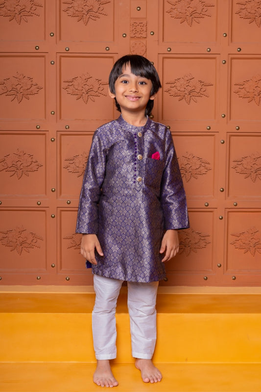 Royal purple silk kurta with white churidar – a perfect ethnic outfit for boys to shine at weddings and festive celebrations - Kirti Agarwal