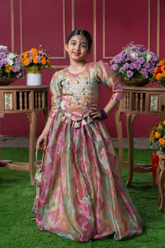 Shimmering Pastel Embroidered Top and Lehenga Set with Matching Potli Bag – Perfect for Weddings, Parties, and Festive Occasions - Kirti Agarwal