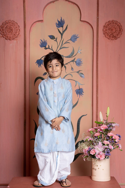 Steel blue embroidered kurta with white dhoti – a charming ethnic outfit perfect for festive occasions. - Kirti Agarwal