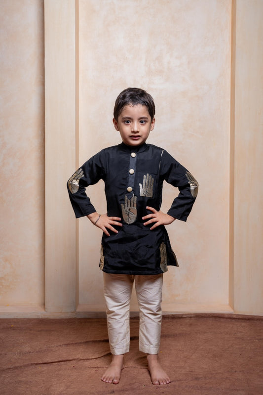 Stylish black embroidered kurta with cream pajama – a perfect fusion of tradition and trend for your little boy’s festive look - Kirti Agarwal