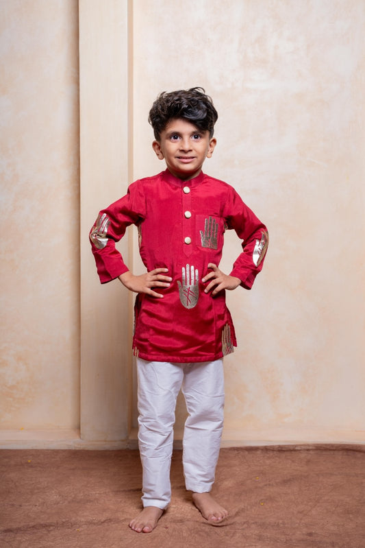 Stylish red embroidered kurta with white pajama – a perfect fusion of tradition and trend for your little boy’s festive look - Kirti Agarwal