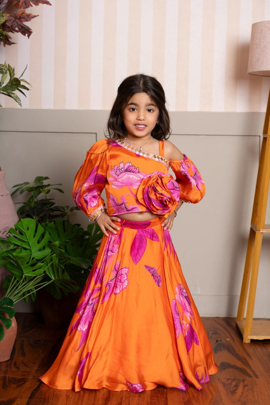 Vibrant Orange and Pink Floral Lehenga Choli with Rose Appliqué for Kids - Kirti Agarwal