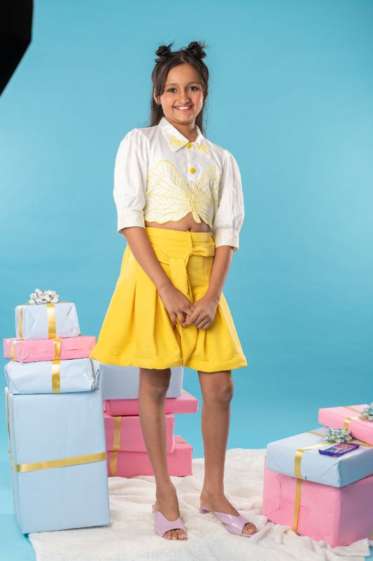 Butterfly embroidered white top with stylish yellow skirt - Kirti Agarwal