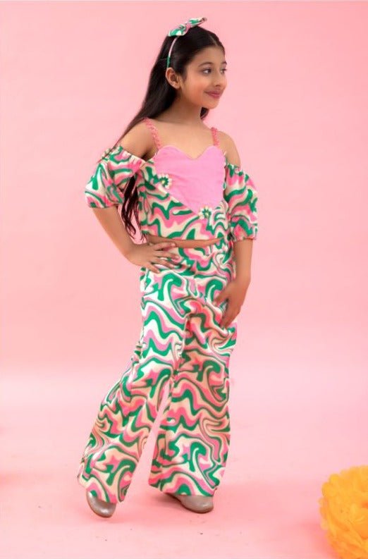 Heart shape crop top with wavy print pants - Kirti Agarwal
