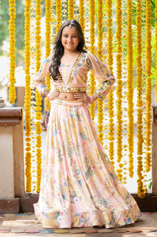 Heart Shaped Mirror Embellished Top With Floral print Lehenga - Kirti Agarwal