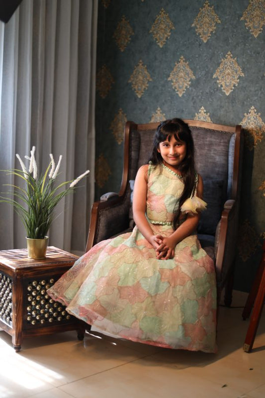 Organza Embroidered one off shoulder top with Embroidered Lehenga - Kirti Agarwal