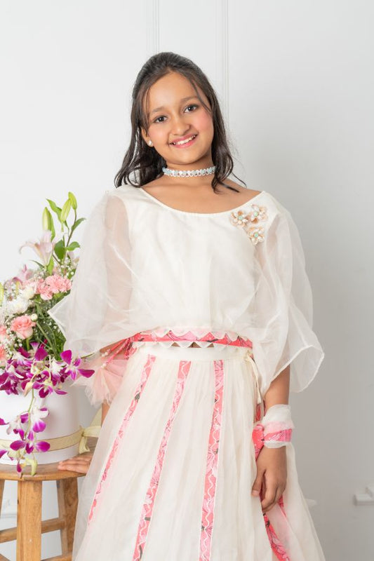 Round Neck off white Top And Floral Applique Embroidered Lehenga - Kirti Agarwal