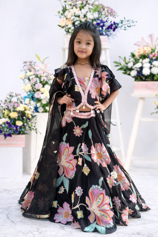 Floral Printed And Embroidered Top With Matching Lehenga And Organza Dupatta