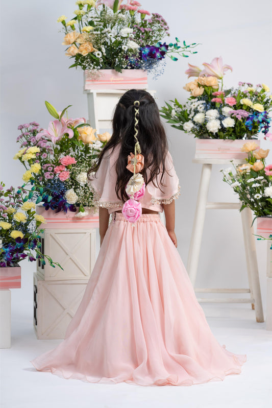 Elegant Pearl-Embellished Cape Top With Flowing Blush Lehenga And Statement Floral Latkan Detail