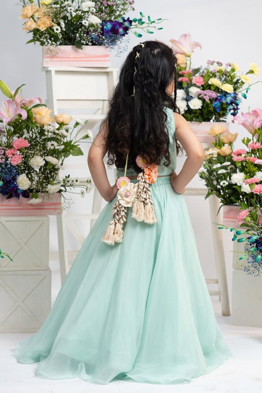 Chic Mint Embroidered Top With Flowing Lehenga And Statement Floral Latkan Detail