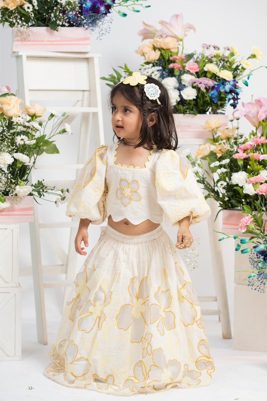 Ivory Floral Embroidered Crop Top With Matching Flared Lehenga In Fresh Yellow Detailing