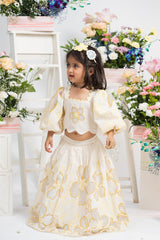Ivory Floral Embroidered Crop Top With Matching Flared Lehenga In Fresh Yellow Detailing
