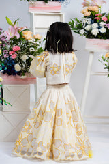 Ivory Floral Embroidered Crop Top With Matching Flared Lehenga In Fresh Yellow Detailing